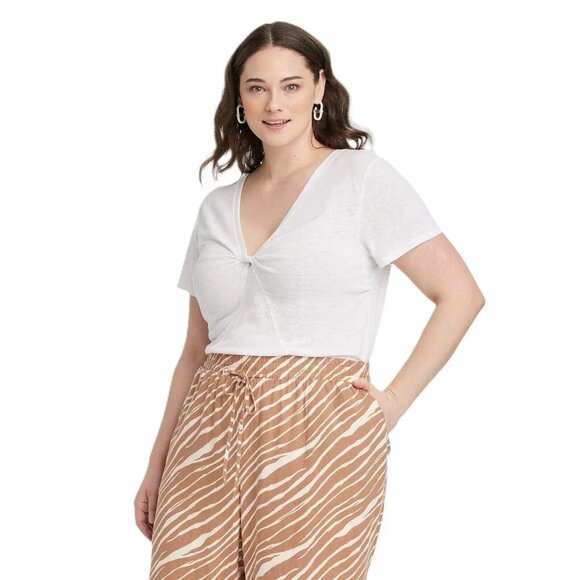 A New Day Women's White Twist Front Deep V-Neck Linen Blend SS T-Shirt - Picture 1 of 5